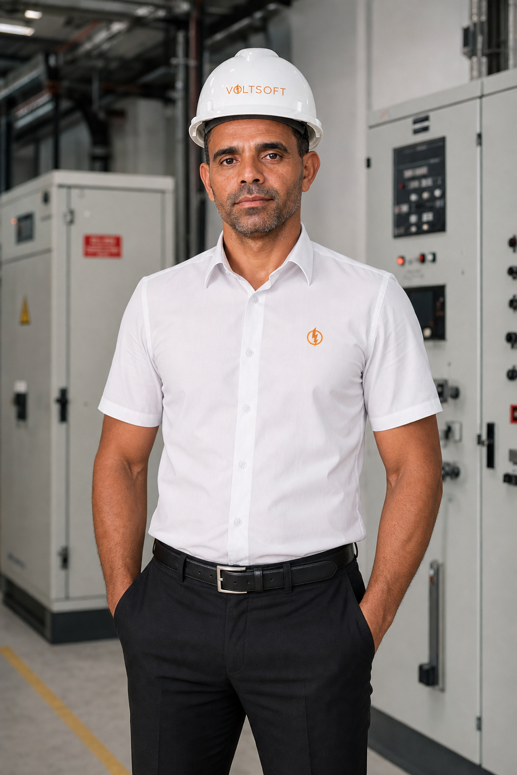 Leandro Victor, CEO, fundador e diretor de obras da Voltsoft, uniformizado em ambiente técnico