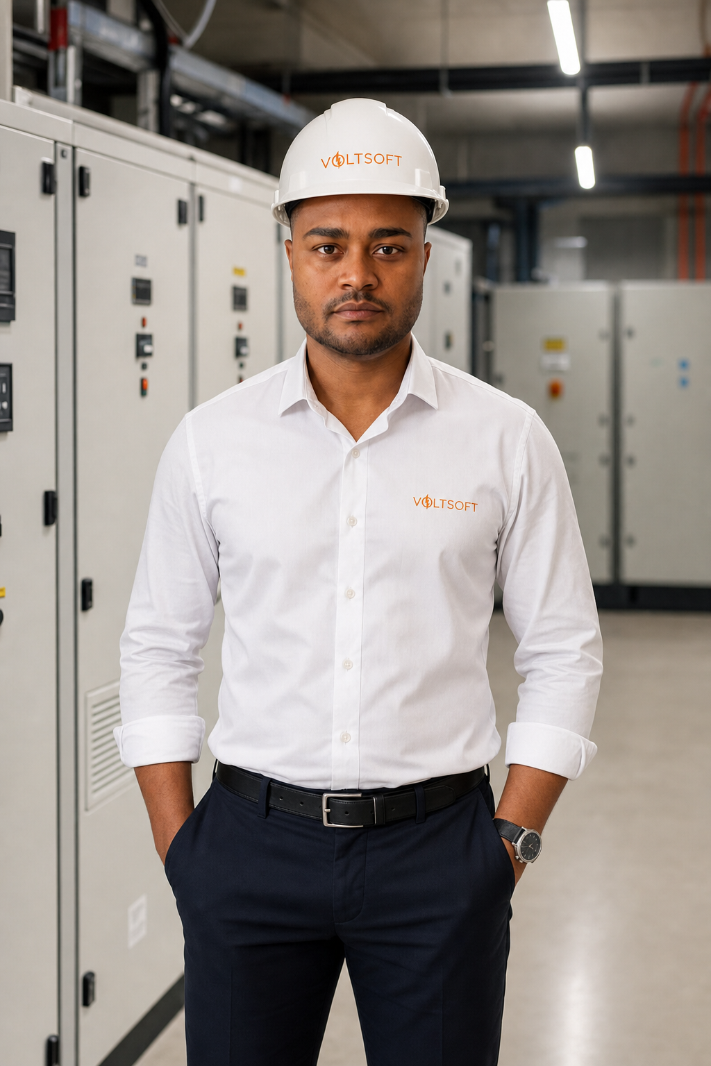 Wilham Jaques, engenheiro eletricista da Voltsoft, uniformizado em sala elétrica